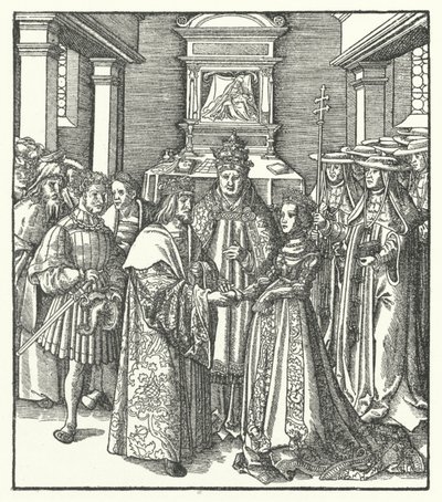 O Papa Nicolau V presidindo ao casamento do Santo Imperador Romano Frederico III e Eleanor de Portugal em Roma de Hans (after) Burgkmair
