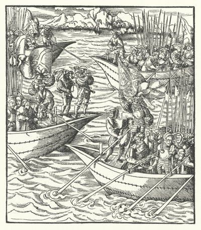Navios que transportam soldados alemães e franceses ao largo de Leghorn, Itália de Hans (after) Burgkmair