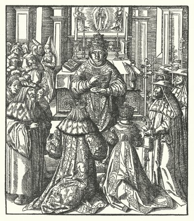 O Santo Imperador Romano Frederico III e a Imperatriz Eleanor recebendo a Sagrada Comunhão do Papa (gravura) de Hans (after) Burgkmair