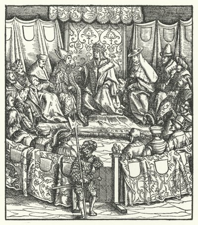 O Santo Imperador Romano Maximiliano I negociando com os húngaros de Hans (after) Burgkmair