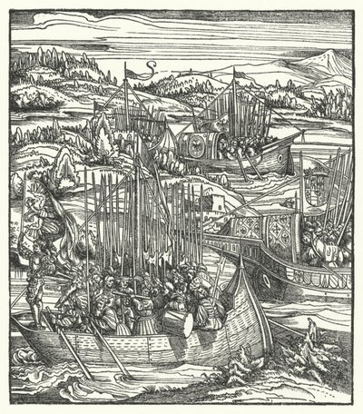 O Santo Imperador Romano Maximiliano I com a sua frota em La Spezia, Itália de Hans (after) Burgkmair