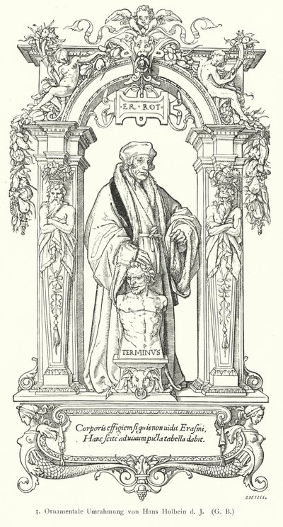 Retrato do estudioso humanista holandês da Renascença Desiderius Erasmus com moldura ornamental (gravura) de Hans (after) Holbein the Younger