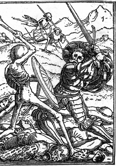 A morte simulada de Hans Holbein, o Jovem (1497-1543): o soldado. Um soldado luta contra a morte; aos seus pés jazem os corpos de outros guerreiros. A gravura. de Hans (after) Holbein the Younger