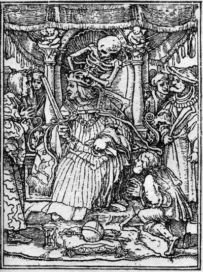 Os simulacros da morte de Hans Holbein, o Jovem (1497-1543): o imperador. Enquanto a morte tira a coroa do imperador, um camponês lhe implora por justiça. A gravura. de Hans (after) Holbein the Younger