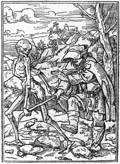 Os simulacros da morte de Hans Holbein, o Jovem (1497-1543): o cego. A morte agarra o pau do cego e age como um guia. A gravura. de Hans (after) Holbein the Younger