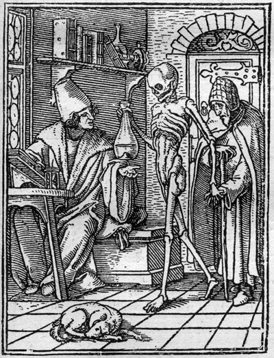 Os simulacros da morte de Hans Holbein, o Jovem (1497-1543): o médico. A morte vem entre o médico e o seu paciente. A gravura. de Hans (after) Holbein the Younger