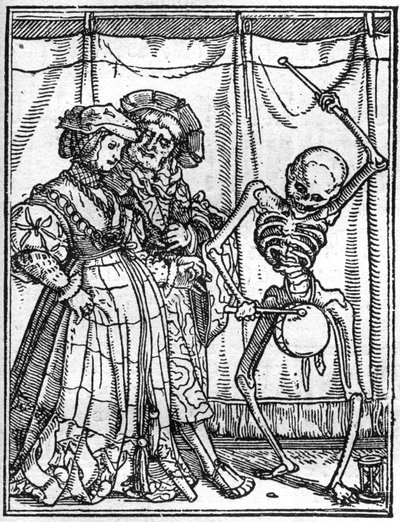 Os simulacros da morte de Hans Holbein, o Jovem (1497-1543): os maridos. A morte toca o tambor na frente de um casal. A gravura. de Hans (after) Holbein the Younger