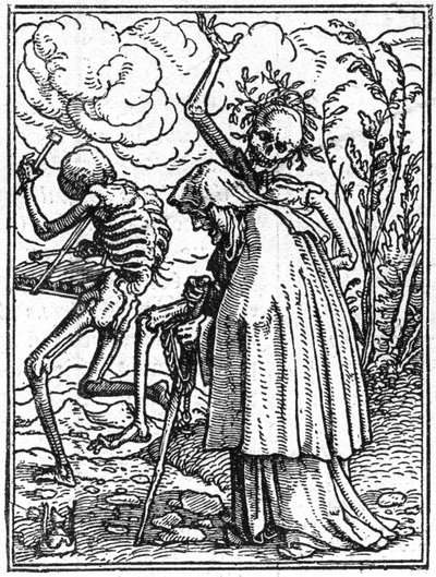 Os simulacros da morte de Hans Holbein, o Jovem (1497-1543): o velho. A morte acompanha uma senhora idosa ao seu destino. A gravura. de Hans (after) Holbein the Younger