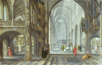 O Interior de uma Igreja Gótica com a Circuncisão de Cristo ocorrendo no Corredor Principal, c.1600 (óleo sobre tela) de Hans (after) Vredeman de Vries