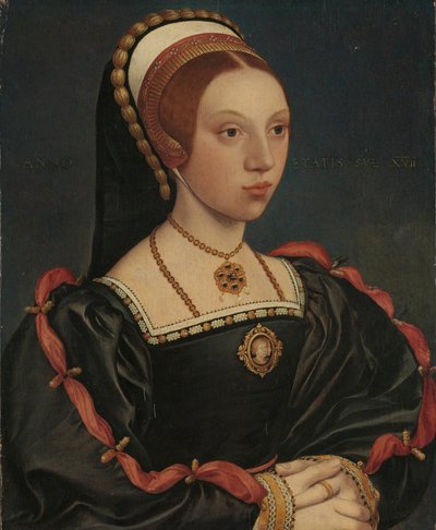 Retrato de uma jovem, c.1540-45 (óleo e ouro sobre carvalho) de Hans (attr. to) Holbein the Younger
