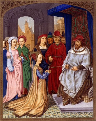 A Rainha de Sabá perante Salomão - Miniatura do breviário do Cardeal Grimani atribuído a Memling, Biblioteca Marciana, Veneza... Século XV. de Hans (attr.to) Memling