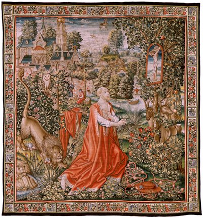 Tapeçaria flamenga. Penitente São Jerónimo, ou São Jerónimo no Deserto (San Jerónimo penitente, o San Jerónimo en el desierto). Modelos Cartoon atribuído ao círculo de Hans Memling (ca. 1433-1493) ou Gerard David (ca. 1450-1523). Fabrico Desconhecido Weave de Hans (school of) Memling
