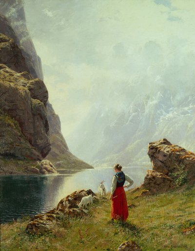 Uma Rapariga com Cabras por um fiorde (óleo sobre tela) de Hans Andreas Dahl