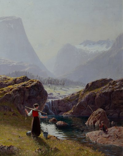 Rapariga com baldes de água e pesca de rapaz (óleo sobre tela) de Hans Andreas Dahl
