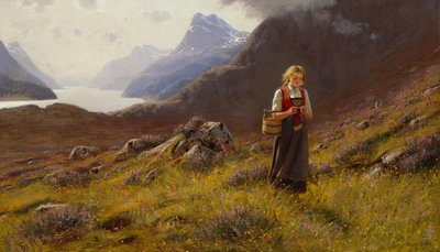 Tricotar Dairymaid (óleo sobre tela) de Hans Andreas Dahl
