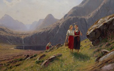 Three Girls by the Mountain Lake no oeste da Noruega (óleo sobre tela) de Hans Andreas Dahl