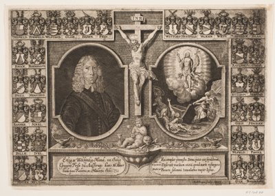 Gregers Friis a Ålstrup, bem como Cristo na cruz e a ressurreição de Cristo. Cercado por escudos de Hans Andreas Greys