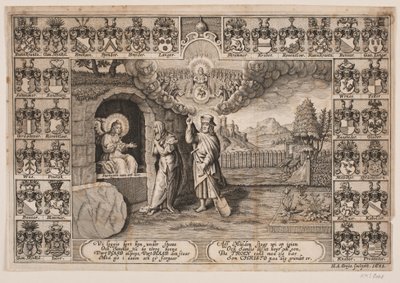 Página de rosto para o sermão fúnebre de Ida Langs com representação de Cristo como jardineiro e Maria Madalena de Hans Andreas Greys
