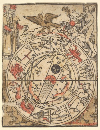 Carta dos Signos do Zodíaco com Vênus, Cupido e um Bispo Santo. de Hans Baldung