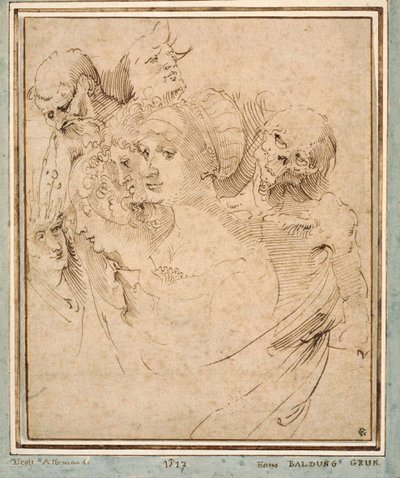 "La mort representee avec sept tetes" (A morte entre sete cabeças) Dessin de Hans Baldung (Baldung Grien)(1484-1545) vers 1515 Coleção privee de Hans Baldung Grien
