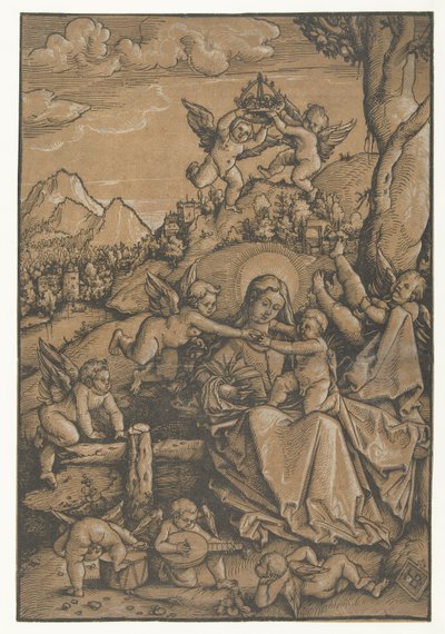 Maria e criança com oito anjos numa paisagem de Hans Baldung Grien