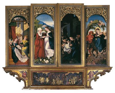 Cenas da vida da Virgem: a Anunciação, a Visitação, a Natividade e o Vôo para o Egito. Pintura em madeira de Hans Baldung dit Grien (1485-1544) Altar da Catedral de Nossa Senhora de Friburgo Friburgo im Breisgau, Alemanha (pintura em w de Hans Baldung Grien