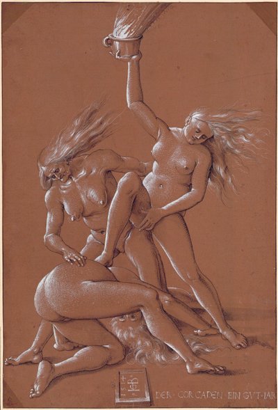 Saudação de Ano Novo com três bruxas - Trabalho de Hans Baldung (1484-1545) tinta e giz branco sobre papel de Hans Baldung Grien