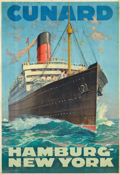 Viagem de publicidade em cartazes entre Hamburgo e Nova Iorque com a companhia de navegação Cunard (litografia a cores) de Hans Bohrdt