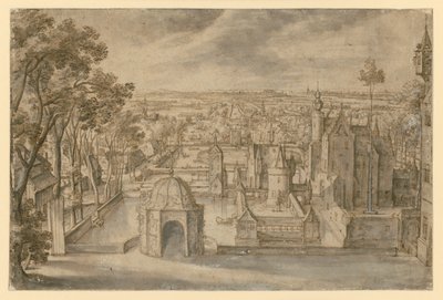 Um castelo com várias torres numa vasta paisagem plana entre lagos. Um pavilhão de jardim redondo no centro do primeiro plano. À esquerda, uma alameda de Hans Bol