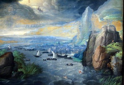 Paisagem fantástica com João, o Evangelista, em Patmos de Hans Bol