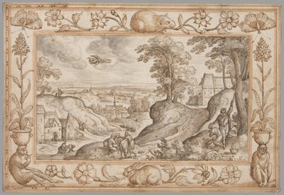 Paisagem com o sacrifício de Isaac dentro de uma orla decorativa de plantas e animais de Hans Bol