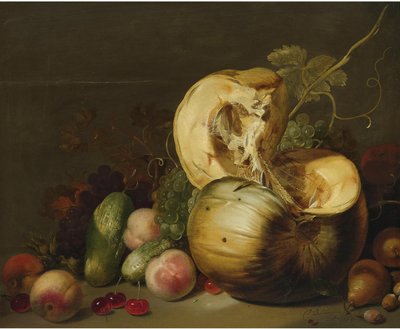 Natureza morta com uma abóbora, pêssegos, uvas, cerejas e outros frutos de Hans Bollongier