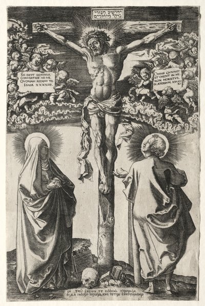 Cristo na cruz entre a virgem e São João de Hans Brosamer