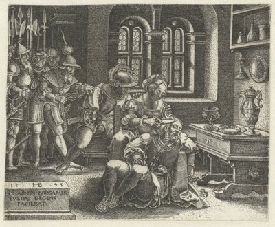 Delilah corta o cabelo de Sansão adormecido (Sansão) enquanto os filisteus esperam de Hans Brosamer