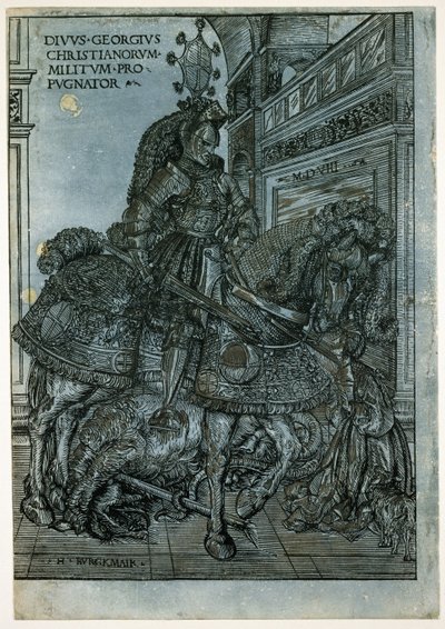 St George a cavalo, 1508 (xilogravura de claro-escuro) de Hans Burgkmair
