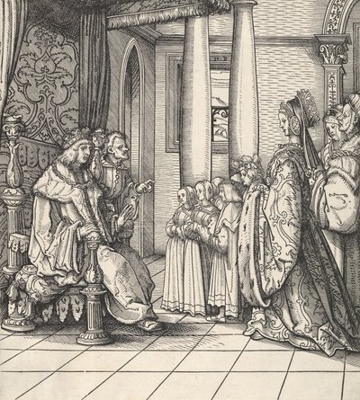 O Rei Branco Recebendo Sua Filha Margarida e os Filhos do Rei Filipe, de Der Weisskunig, 1514-16 de Hans Burgkmair