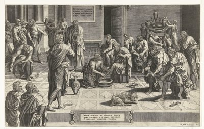 Cristo lava os pés dos discípulos
Omnium Dominus ad servorum suroum pedes lavandos se in genua prosternit o singularis humilitatis exemplum (título sobre o objecto) de Hans Collaert (I) (attributed to)