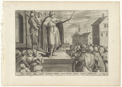 Rechabeam antwoordt het volk Geschiedenis van Jeroboam en Rechabeam (título da série) O Tesouro das Histórias Sagradas do Antigo Testamento (...) (título da série) de Hans Collaert (I) (attributed to)