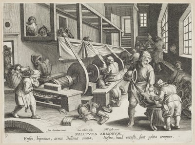 Politura Armorum (Braços de Polimento), prato 17 da série Nova Reperta (Descobertas Modernas) c.1588 (gravura sobre papel avergoado) de Hans Collaert
