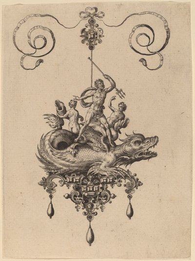 Design para um pingente com um monstro marinho carregando Netuno ladeado por duas figuras de Hans Collaert the Elder