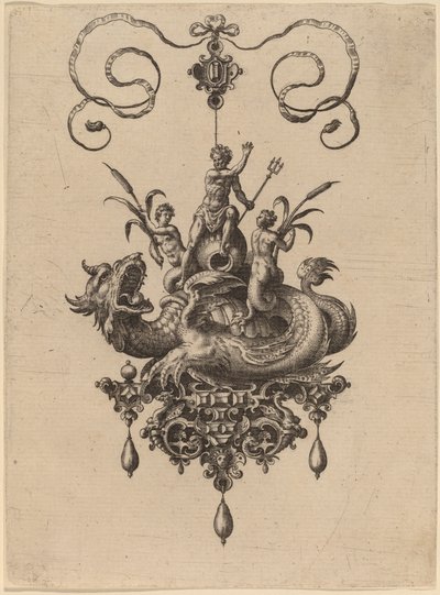 Projeto para um pingente com um monstro marinho carregando Netuno ladeado por duas nereidas de Hans Collaert the Elder