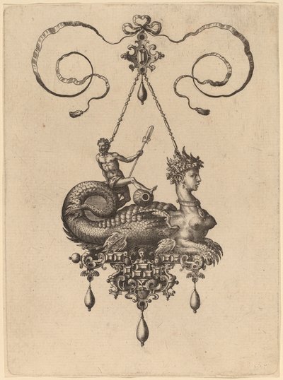 Projeto para um pingente com uma esfinge com o corpo de um peixe carregando um homem com um remo de Hans Collaert the Elder