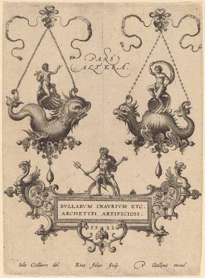 Placa de título com desenhos para pingentes de Hans Collaert the Elder