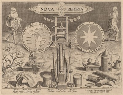 Página de rosto para Nova Reperta (Novas Descobertas) de Hans Collaert the Younger after Jan van der Straet
