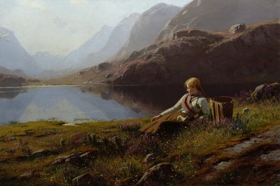 Garota Tricotando no Lago da Montanha (óleo sobre tela) de Hans Dahl