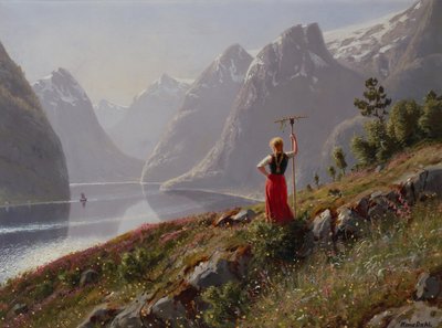 Rapariga com um ancinho na paisagem do fiorde de Hans Dahl
