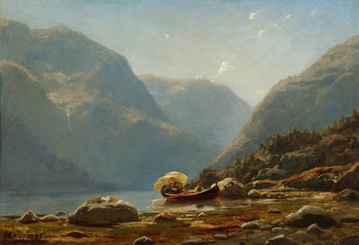 Paisagem do fiorde com pessoas em barco a remo de Hans Gude