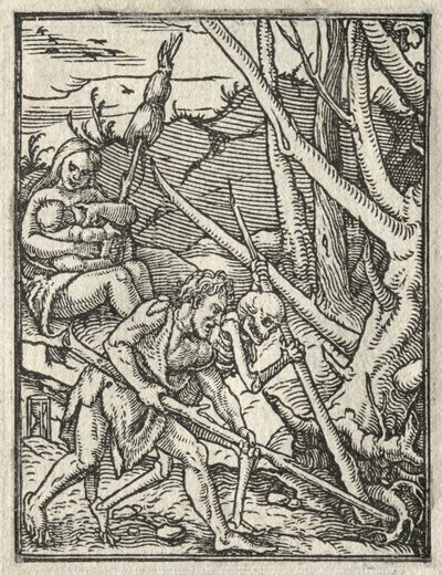 A dança da morte: expulsão do paraíso, Adam cultivando o solo. de Hans Holbein