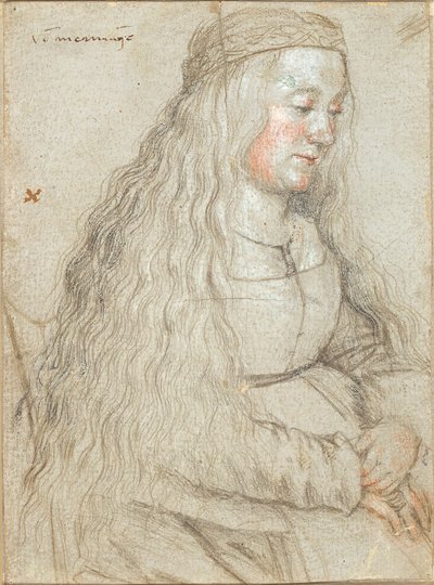 Noiva sentada com cabelo esvoaçante e tiara de Hans Holbein d.Æ.