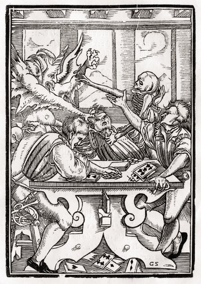 Morte e o diabo vêm para o jogador de cartas, gravado por Georg Scharffenberg, de &39;Der Todten Tanz&39;, publicado Basel, 1843 de Hans Holbein der Jüngere